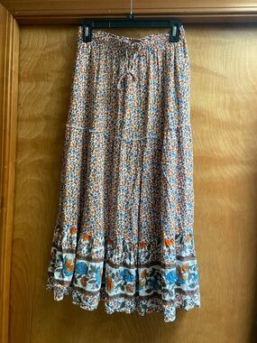 Floral Tiered Midi Skirt in Orange & Blue